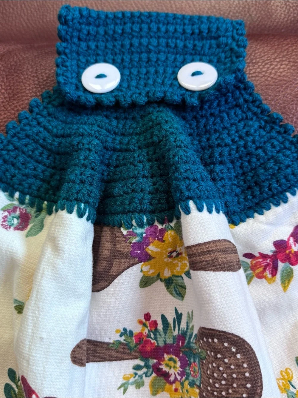 Pioneer Woman Handmade Crochet Hanging Kitchen Towel Teal Floral Utensils